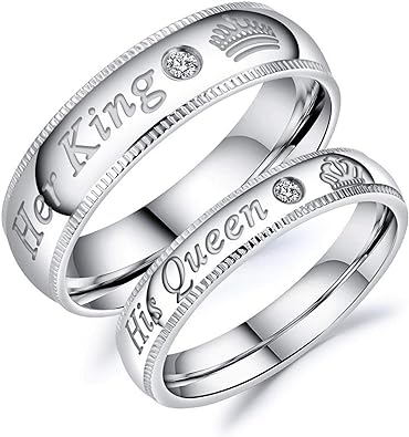 Couple Ring Stainless Steel Inlaid Zircon Carving Her King His Queen Crown Silver Rings Comfort Fit