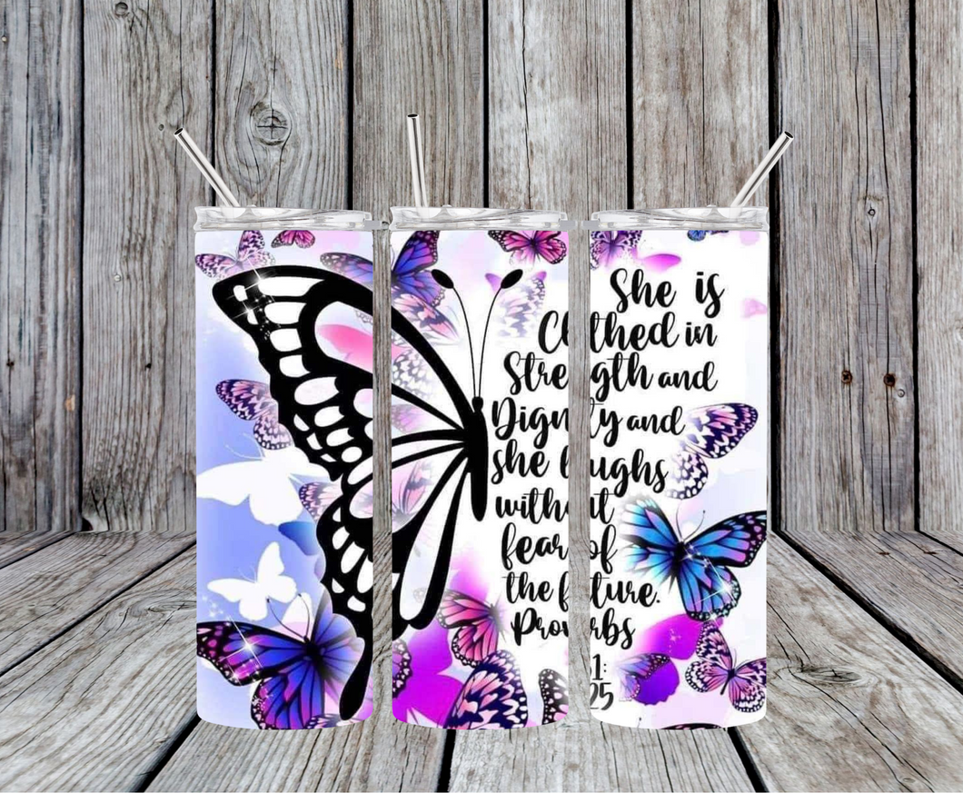 20 oz or 30 oz She Is Clothed Butterflies Tumbler