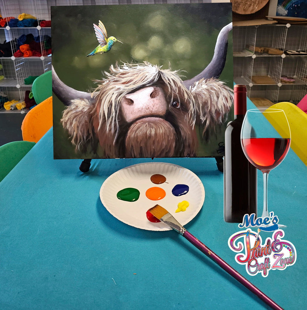Adult Hummingbird Highland Cow Paint & Sip Event Aug 17th 6pm-8pm