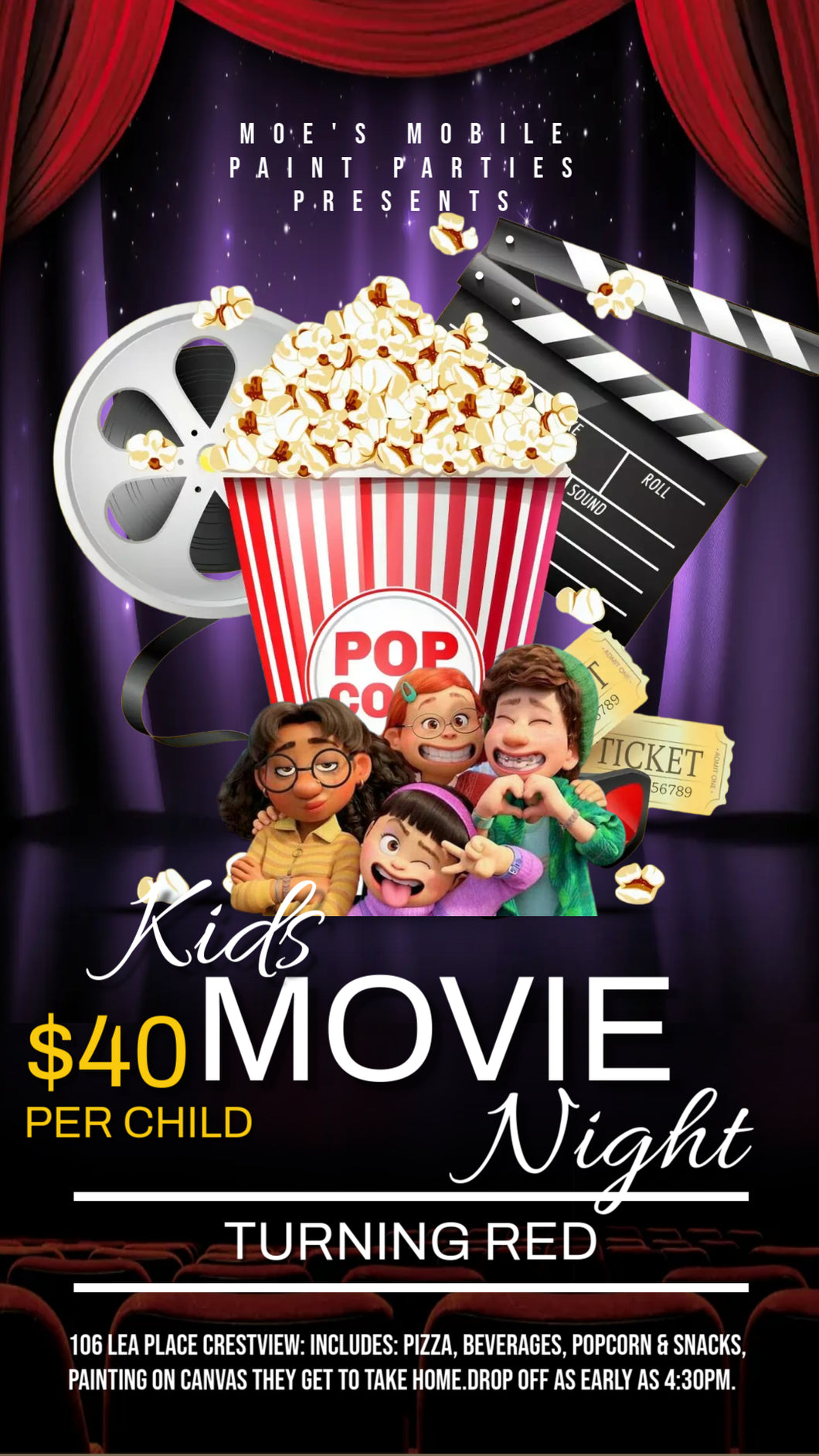 Kids Movie Night Turning Red & Paint Event July 25th 5pm-9pm