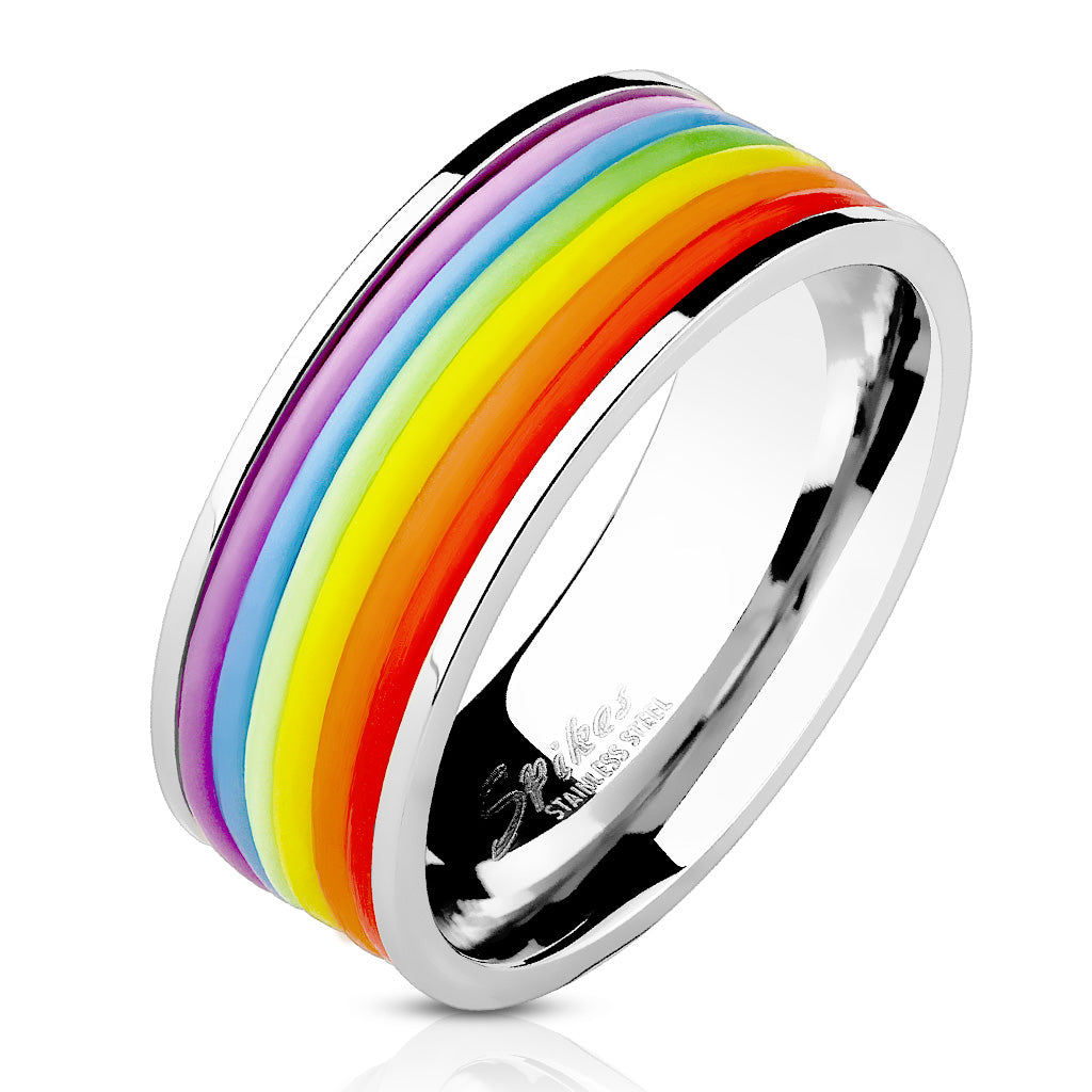 Artisan Owl Stainless Steel Rainbow Rubber Striped Gay Lesbian Pride Band Ring