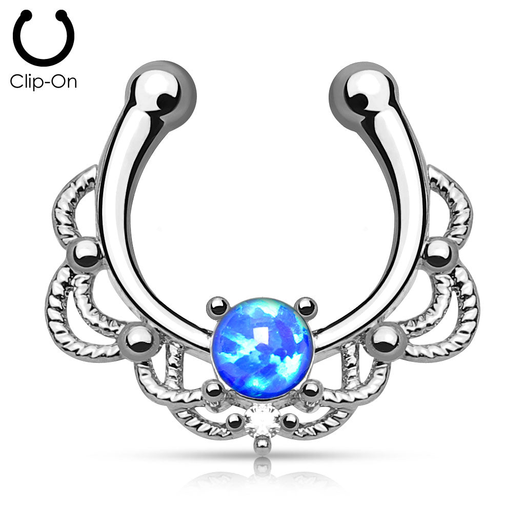 Pierced Owl - 16GA Lacey Single Synthetic Opal Clip On Fake Non No Piercing Septum Hanger Ring