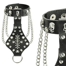 Load image into Gallery viewer, Black Leather Slave Bracelet with Skulls, Chains, and Fleur De Lis Cross
