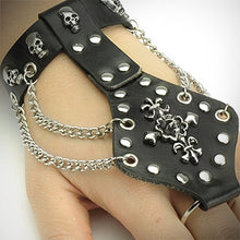 Load image into Gallery viewer, Black Leather Slave Bracelet with Skulls, Chains, and Fleur De Lis Cross
