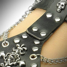 Load image into Gallery viewer, Black Leather Slave Bracelet with Skulls, Chains, and Fleur De Lis Cross
