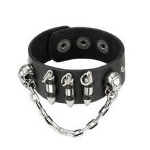 Load image into Gallery viewer, Black Leather Bracelet with Chained Skulls and Three Bullets with Adjustable Snap Button Closure
