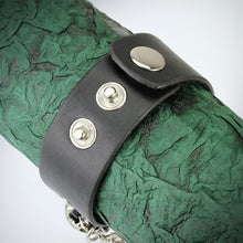 Load image into Gallery viewer, Black Leather Bracelet with Chained Skulls and Three Bullets with Adjustable Snap Button Closure
