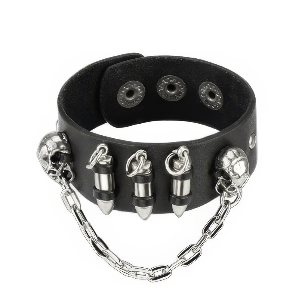 Black Leather Bracelet with Chained Skulls and Three Bullets with Adjustable Snap Button Closure