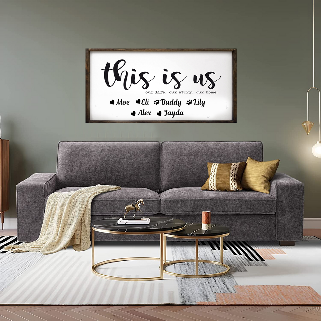 This Is Us. Our Life. Our Story. Our Home. With Family Names Large Wood Framed Sign - 24x36in