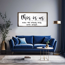 Load image into Gallery viewer, This Is Us. Our Life. Our Story. Our Home. With Family Names Large Wood Framed Sign - 24x36in
