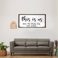 Load image into Gallery viewer, This Is Us. Our Life. Our Story. Our Home. With Family Names Large Wood Framed Sign - 24x36in
