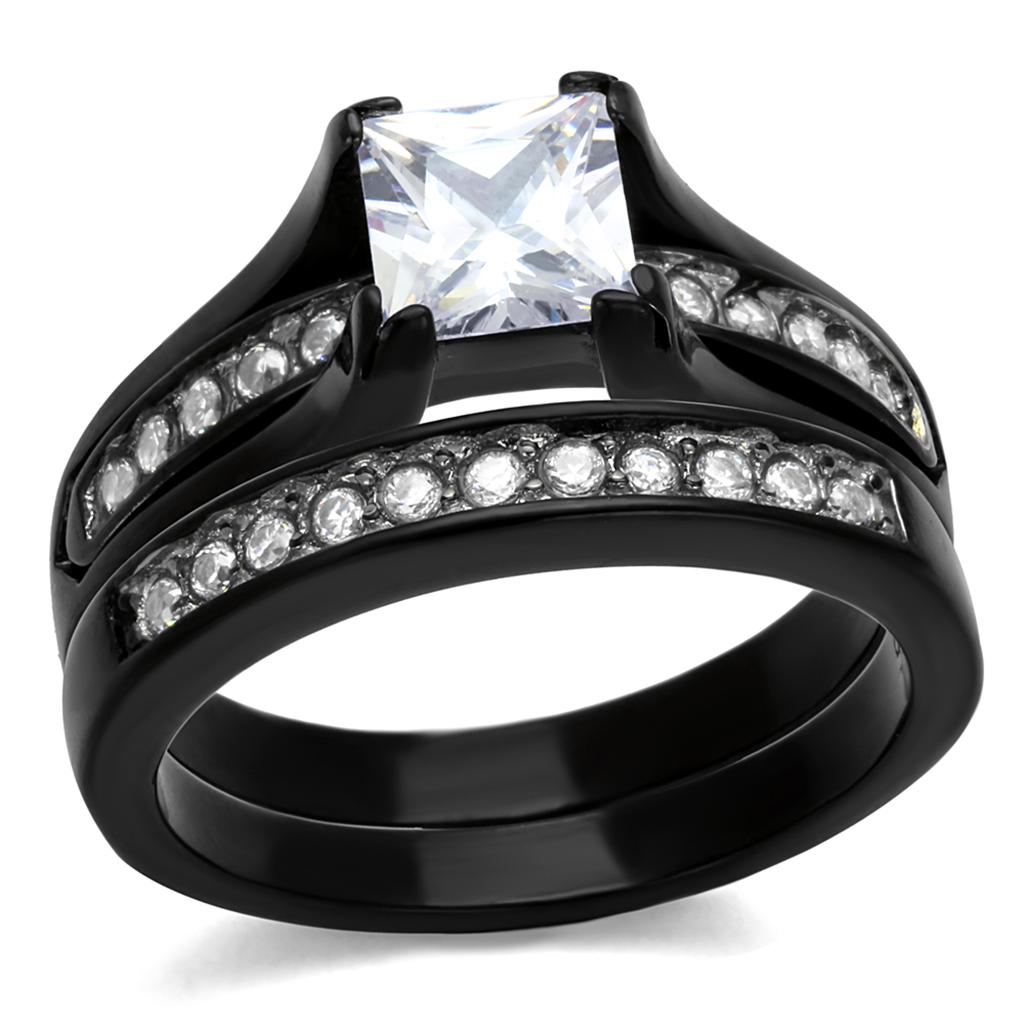 Stainless Steel IP Black (Ion Plating) Two-Tone Ring with AAA Grade CZ Wedding Set