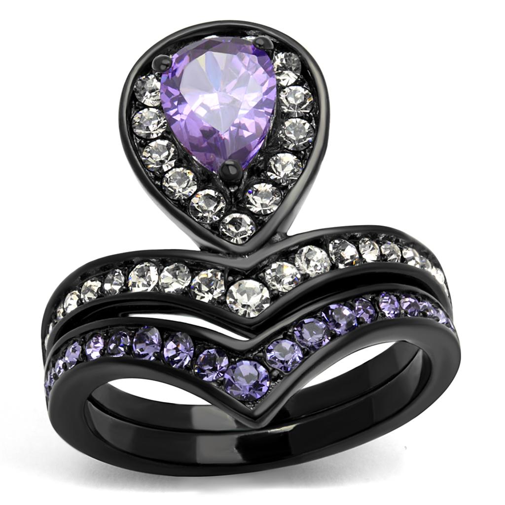 Stainless Steel IP Black (Ion Plating) Ring with AAA Grade CZ in Amethyst