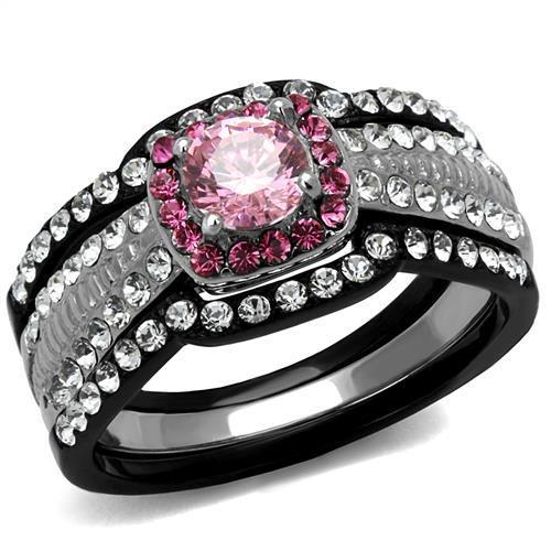 Stainless Steel Two-Tone IP Black (Ion Plating) Ring with AAA Grade CZ in Light Rose