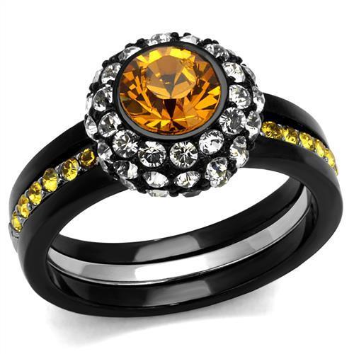 Stainless Steel Two-Tone IP Black (Ion Plating) Ring with Top Grade Crystal in Topaz